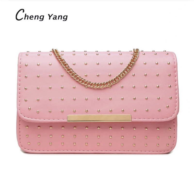 CHENGYANG Leisure Nail Bead Crossbody Bags With Iron Patch For Women Quality PU Leather Shoulder Bag Female Small Messenger |