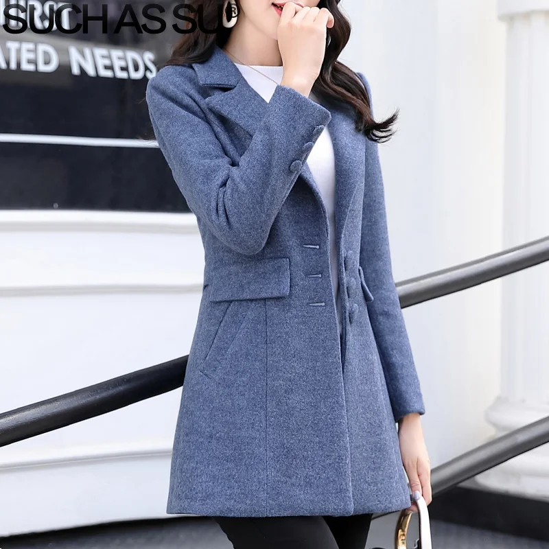 Женская одежда новое зимнее шерстяное пальто 5 однотонное однобортное пальто средней длины с отложным воротником M-3XL размера плюс приталенное Женское пальто - Цвет: Navy blue Coat