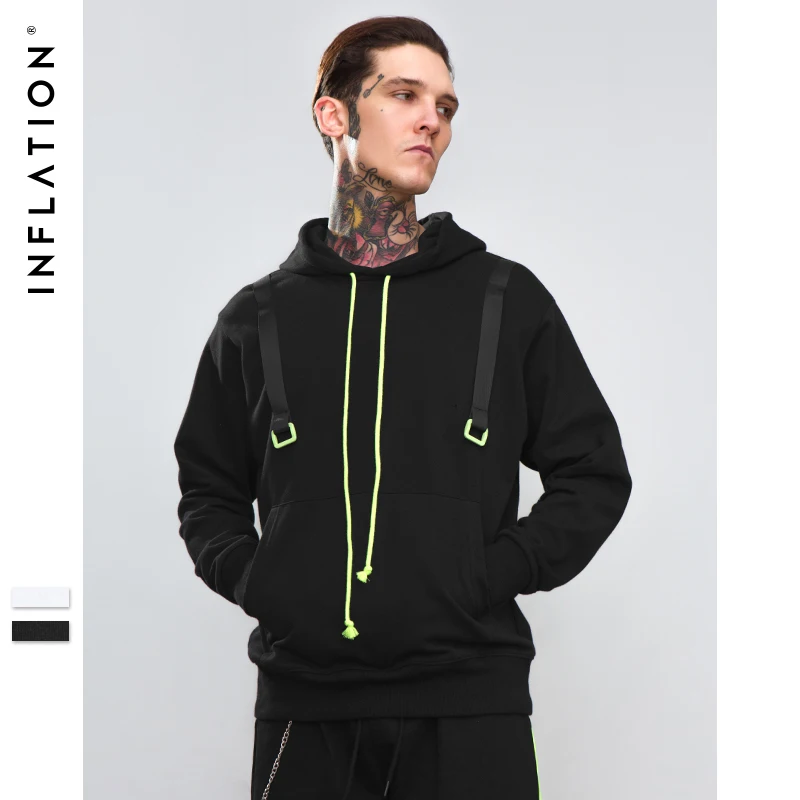 INFLATION Mens Hoodies Tape Solid Hooded Green Drawstring