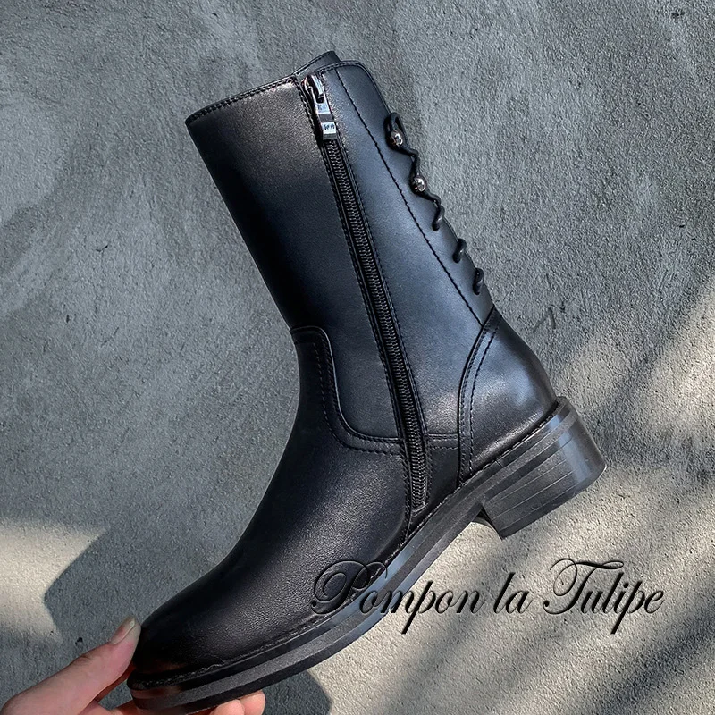 

BHS 9011142 Fashion Chic Genuine Cow Leather 4CM Chunky Heel Round Toe Cross Tied Decorate Zipper Casual Wear Women Martin Boots