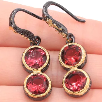 

SheCrown Vintage Style Pink Tourmaline Gift Black Gold Silver Earrings 39x11mm
