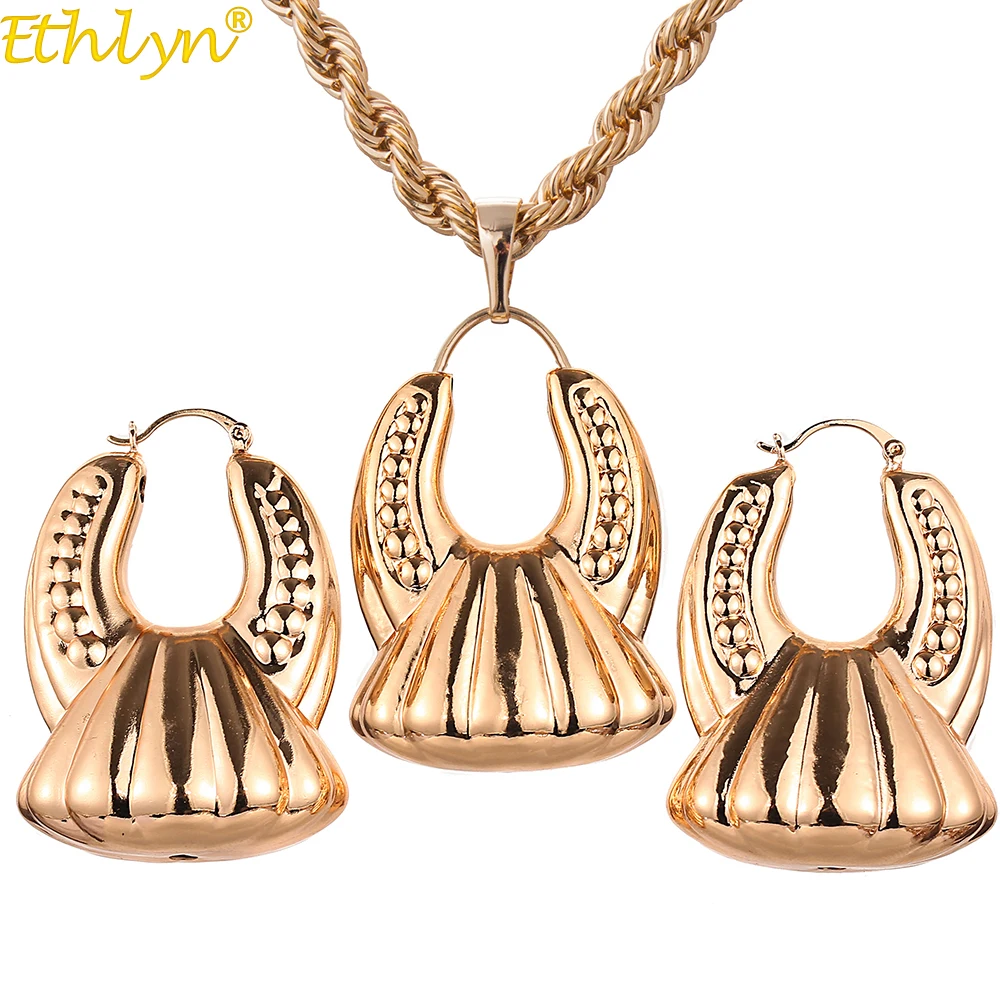 

Ethlyn Nigerian Gold Color Hoop Earrings Pendant Sets Wedding Jewelry Charms Gold Color African Women Jewelry S232