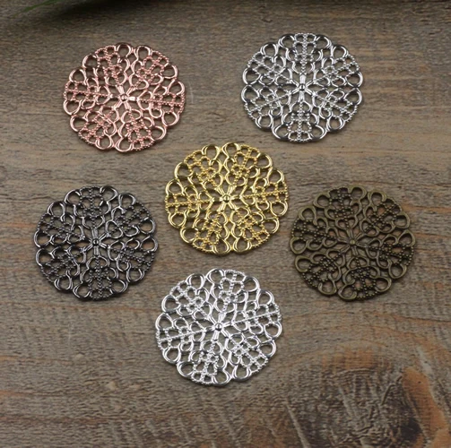 

New 25mm 7 Colors Disk DIY Filigree Charms/Pendant Copper with Antique Bronze Fallen Petals,Hairpin Parts Vintage Jewelry