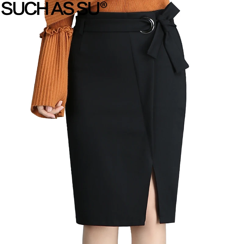 Goedkoop ZOALS SU Herfst Winter Breien Potlood Rok 2017 Zwart Boog Gordel Hoge Taille Rokken S 3XL Size Vrouwelijke Bezetting Werk rok