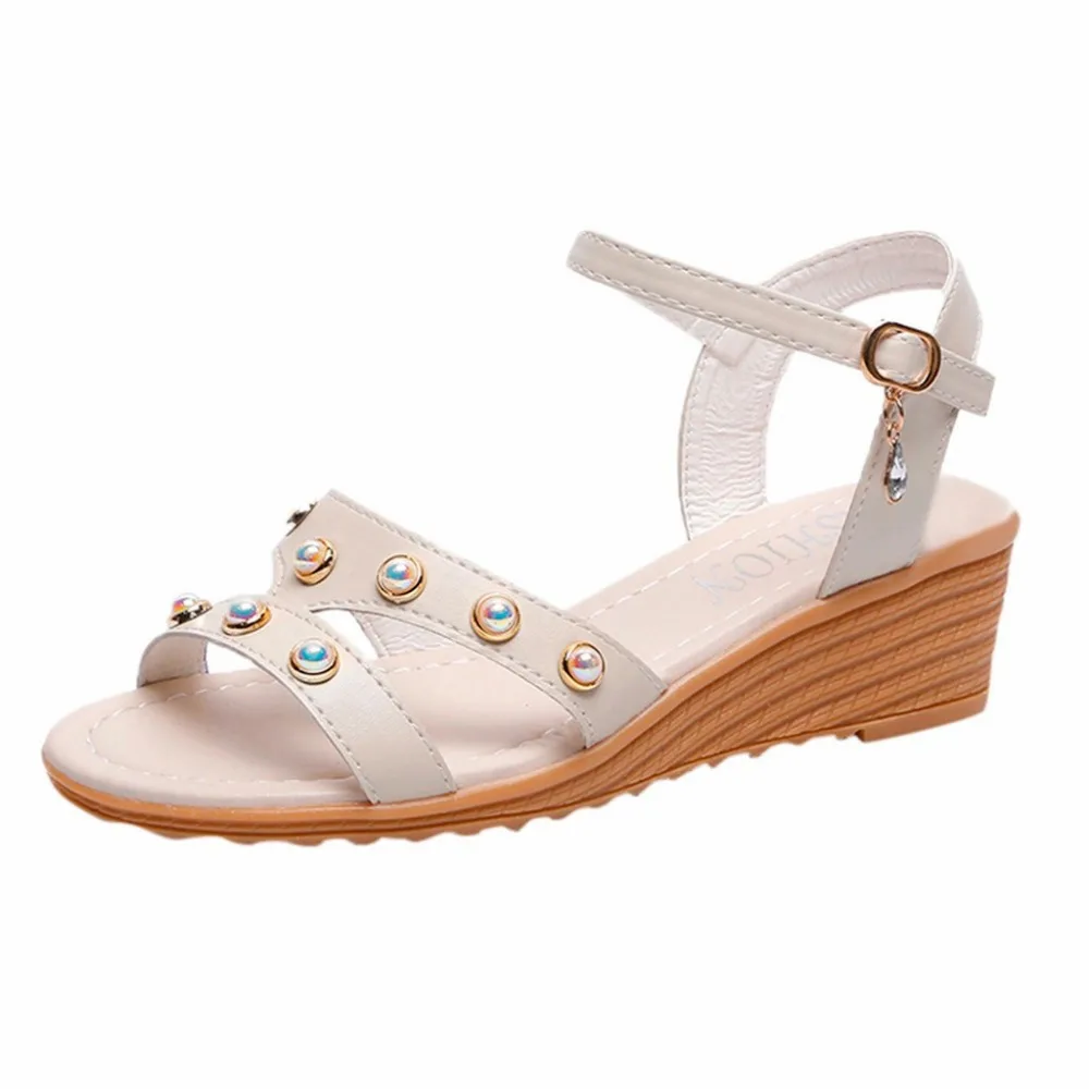 

YOUYEDIAN Women Shoes Buckle Strap String Bead Ladies Wedges Solid Female Sandals Summer Elegant Topuklu Ayakkabi Bayan Zapatos