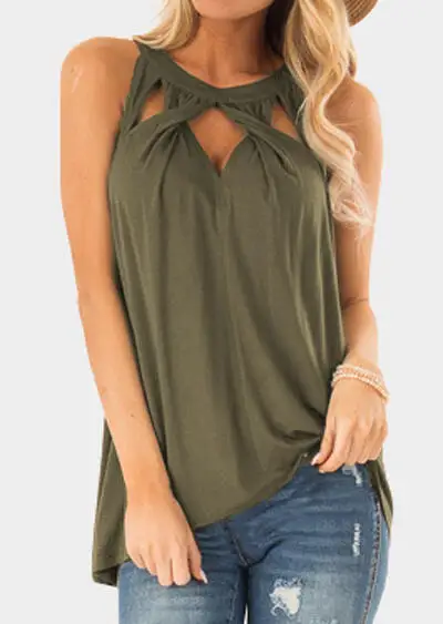 

Women Solid Halter Cross Twist Hollow Out Tank Female Army Green Sleeveless Vest Top Summer Ladies Sexy Loose Modern Tops Shirt