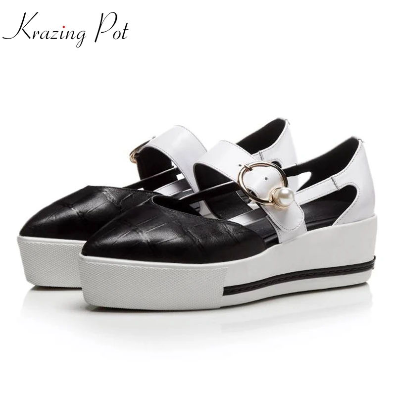

Krazing Pot 2018 sheep leather pointed toe pearl women pumps thick bottom wedges patterns leather increased shallow shoes L2f6