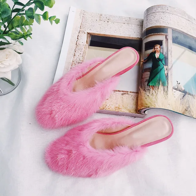 New Cherry pink mink hair Fur Slippers Women Kitten Heels ladies