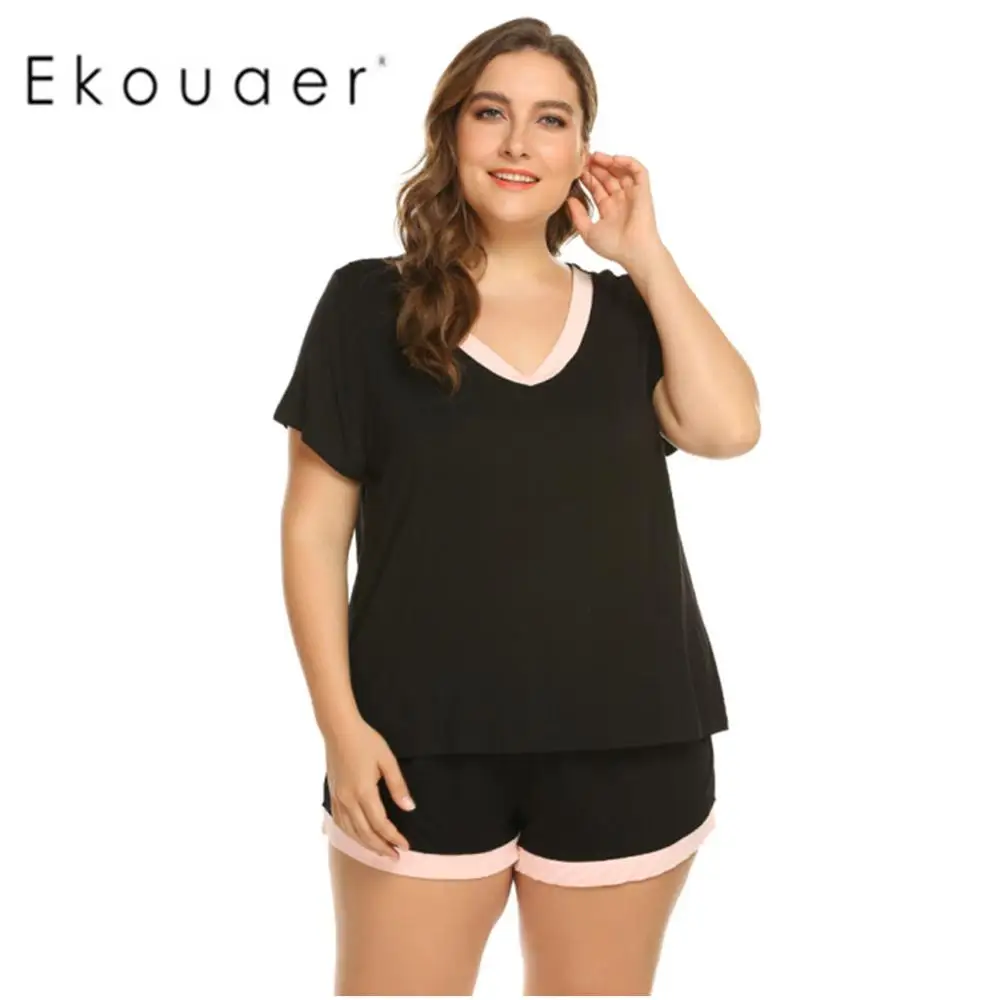 Ekouaer женский пижамный комплект из двух предметов, повседневное женское нижнее белье с короткими рукавами и v-образным вырезом, лоскутные топы и шорты, костюмы Женское ночное белье - Цвет: Black