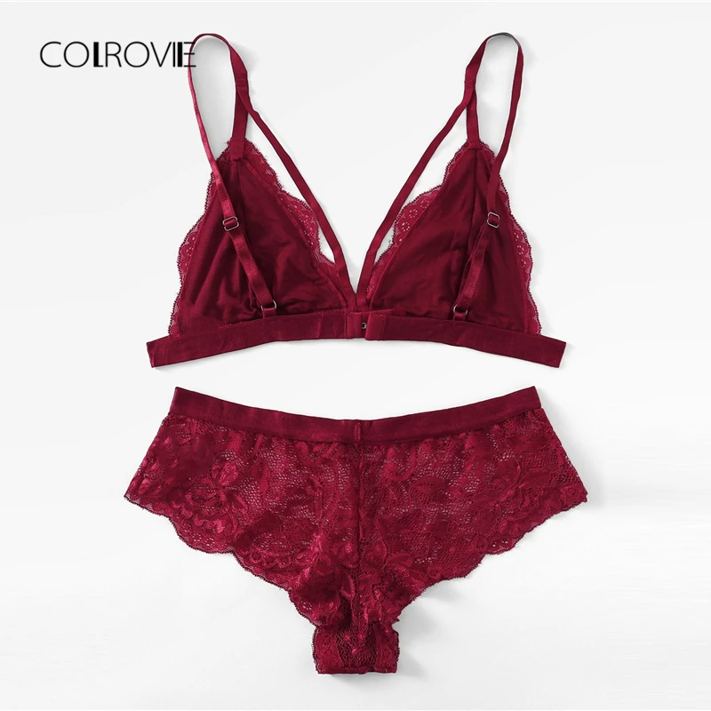COLROVIE Burgundy Solid Sexy Floral Lace Lingerie Set 2019 New Women Bra And Brief Sets Wireless Sexy Underwear Bra Set