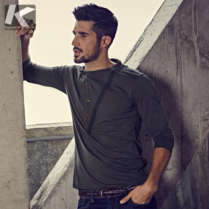 KUEGOU 2017 autumn new fashion men t shirt brands casual slim men long