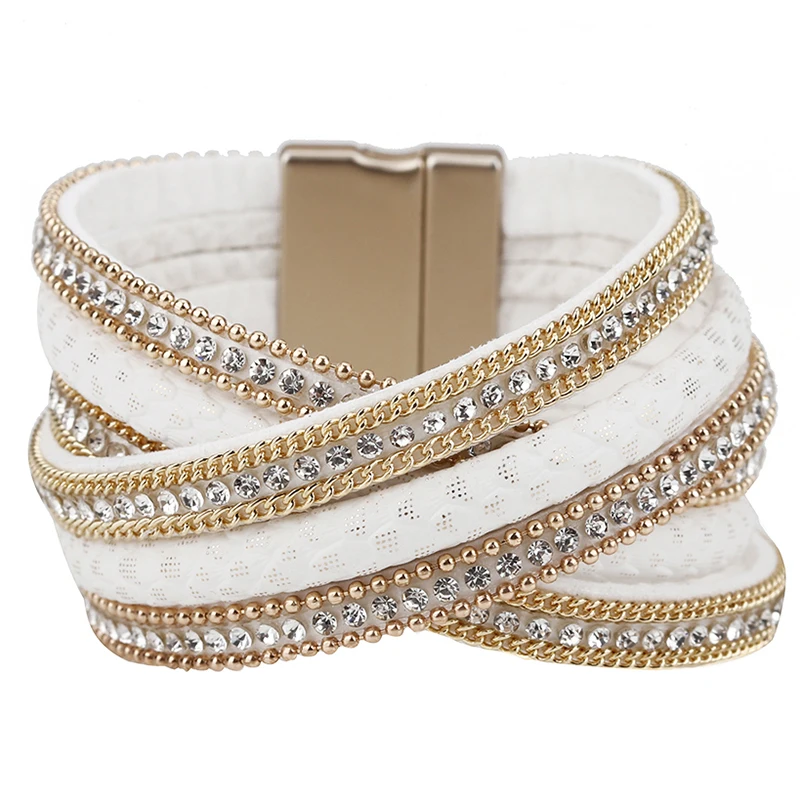Amorcome 3 Colors Handmade Leather Bracelet Women Alloy Crystal Beads Magnet MultiLayers Charm Wrap Bracelets &amp Bangles Jewelry |