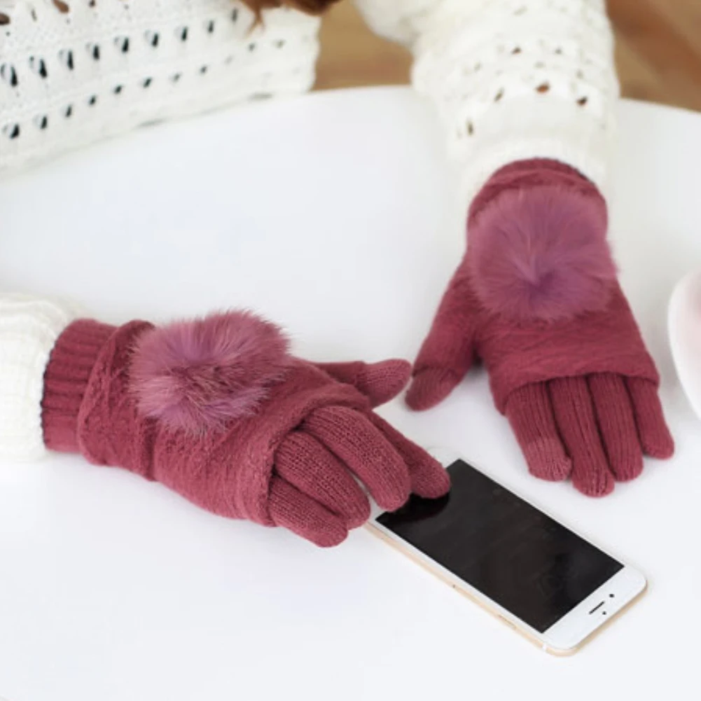 Winter Women Soft Fur Ball Faux Cashmere Touch Screen Full Fingers Warm