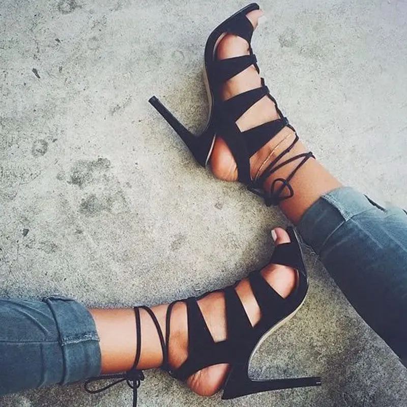 

Women Sandals Casual Open Toe Lace-Up Stiletto Heel Peep Toe Thin High Heels Narrow Band Party Shoes 2019 Summer New Design