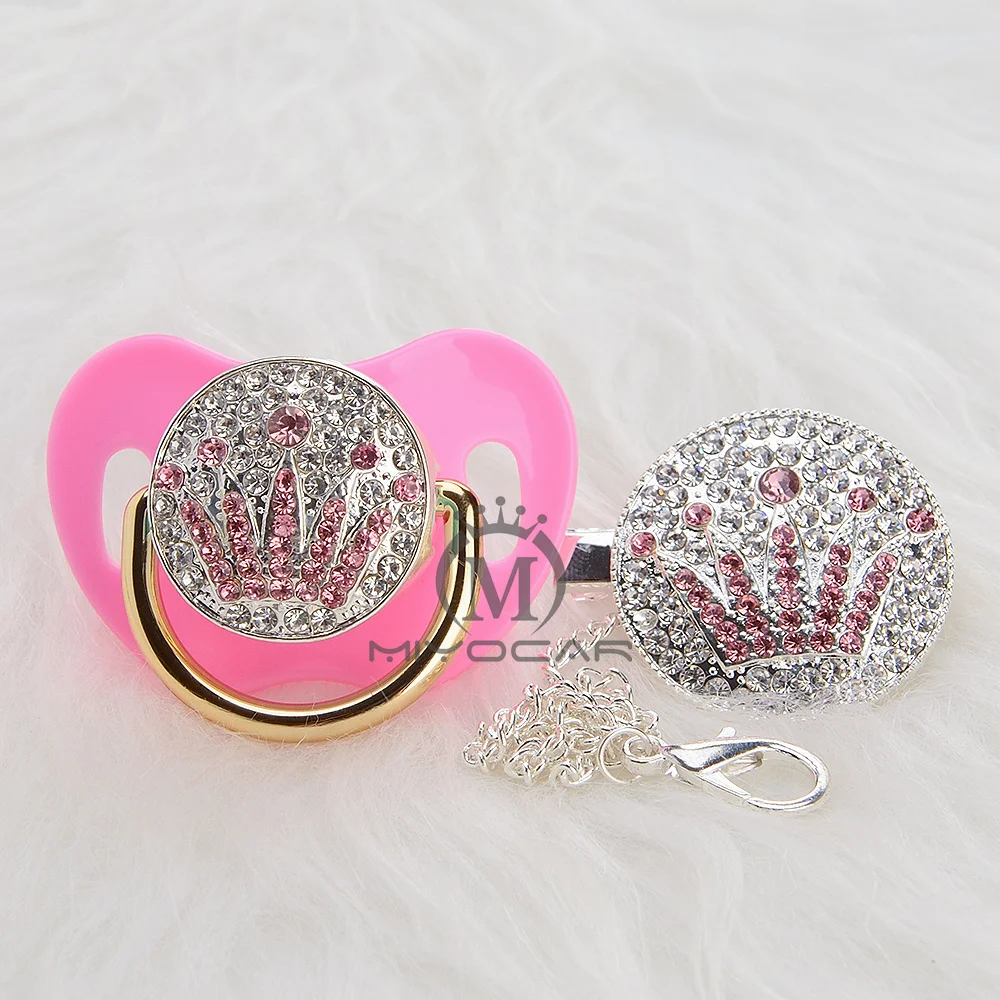 

MIYOCAR silver princess bling blue/pink crown pacifier and pacifier clip set BPA free dummy bling unique design APCG-9-1