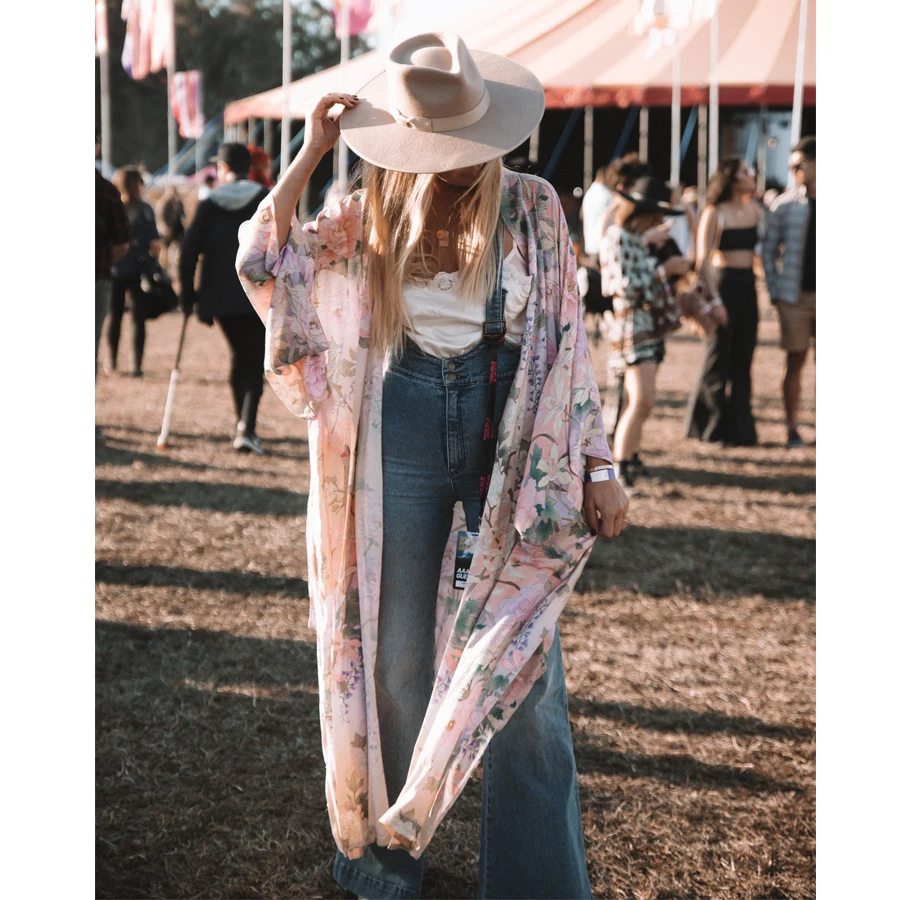 

TEELYNN rayon floral print boho Wrapped dresses for women V-neck kimono sleeve beach summer dresses long women dresses Vestido
