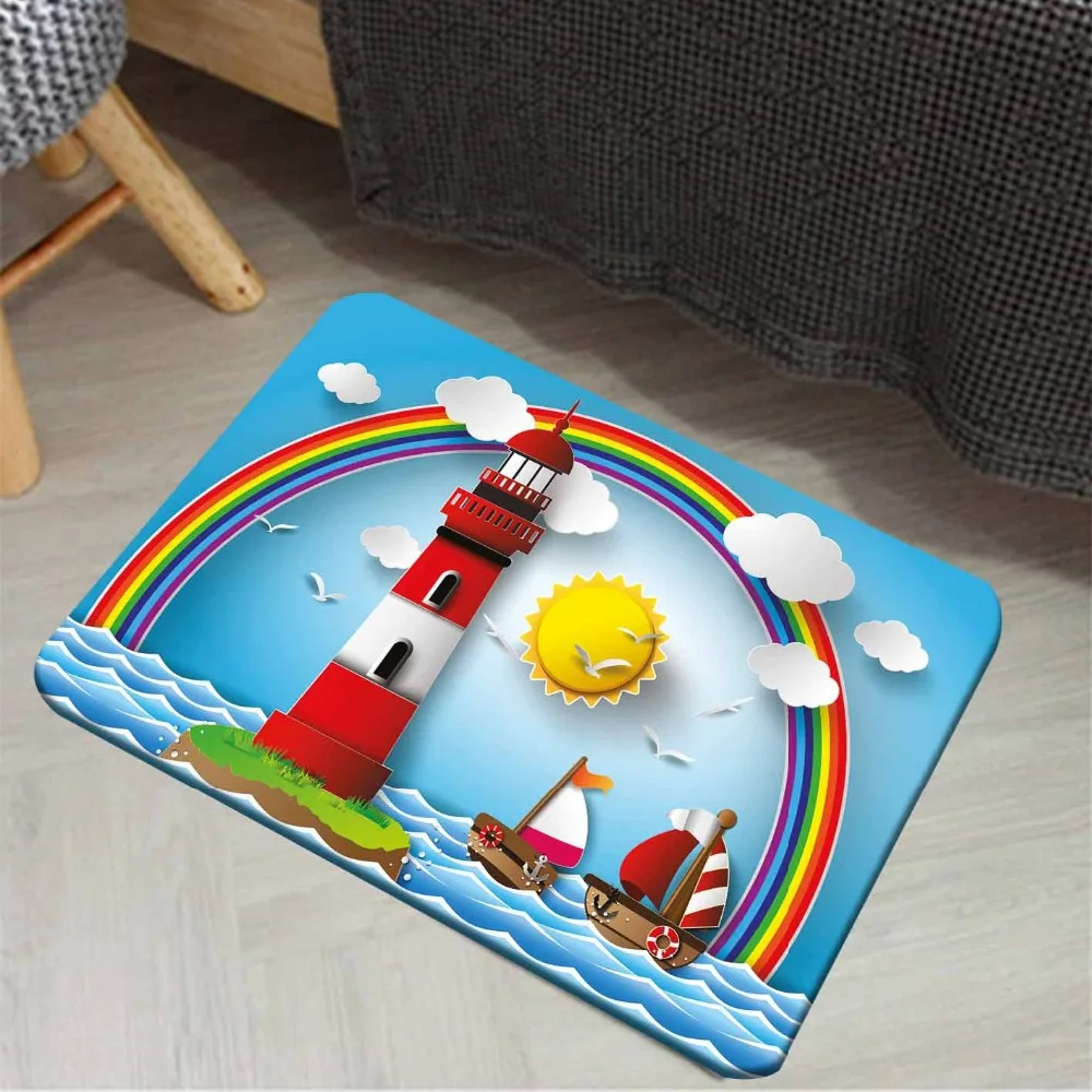Еще голубое небо солнце Радуга красный, белый Маяк корабли море 3d принт Нескользящие половик домашний декор прихожей детей коврик для комнаты