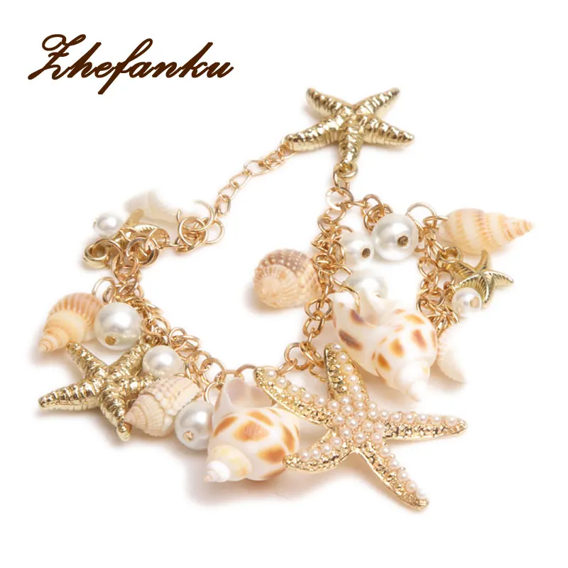 

Hot sell High Quality Ocean Style Multi Starfish Sea Star Conch Shell Simulated-Pearl Chain Beach Bracelet Bangle Novelty