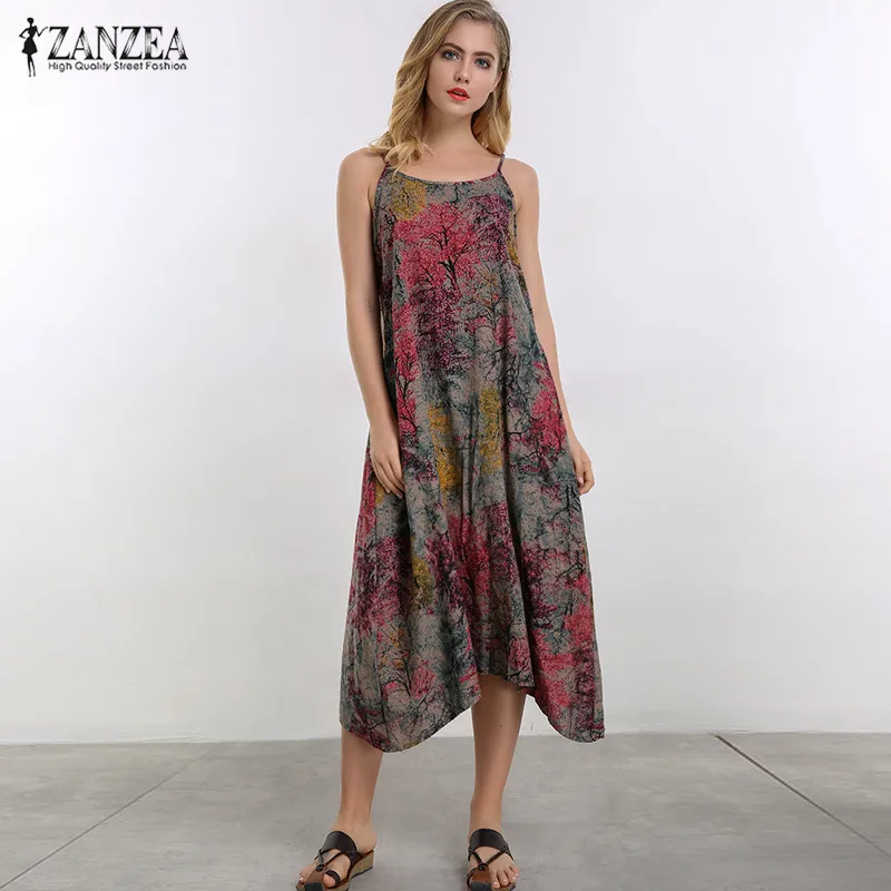 

2019 ZANZEA Women Floral Print Summer Sleeveless Casual Loose Beach Midi Slip Dress Party Cotton Sundress Vestido Plus Size