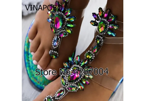 Vinapobo/Размеры 35-43; богемные летние женские сандалии-гладиаторы с кристаллами; женская обувь со стразами и ремешками; прозрачная лента; сандалии на плоской подошве