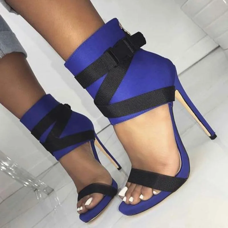 

Women High Heel Sandals Gladiator Blue Buckle Heel Covering Stiletto Heels Sandals Mixed Color Peep Toe Shoes