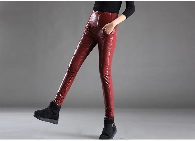 Женские зимние Пуховые брюки, узкие брюки-карандаш, модные женские теплые брюки из искусственной кожи, леггинсы с высокой талией, PT-357