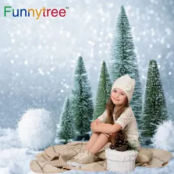 Funnytree Фотофон для фотосъемки bokeh серый белый снег зеленые деревья Детские Зимние рождественские милые фотографии обои