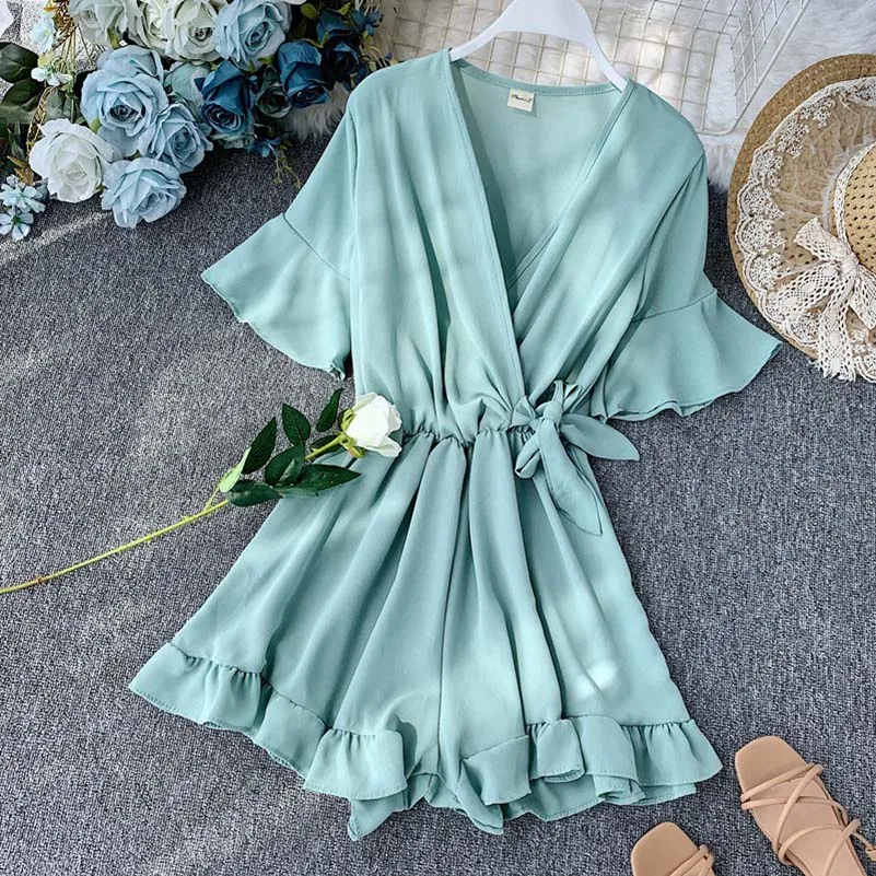 

NiceMix Women Rompers Casual Wide Leg Pants Overalls Short Sleeve V Neck Solid Playsuits Summer Beach Chiffon Ruffle Jumpsuits