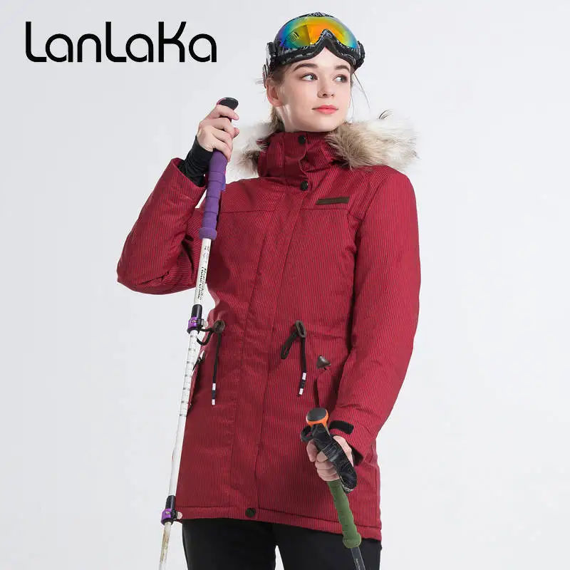 2018 LANLAKA النساء تزلج سترة الفراء مقنعين الخصر حبل نمط على الجليد سترة يندبروف ماء في الهواء الطلق الرياضة ارتداء الإناث معطف