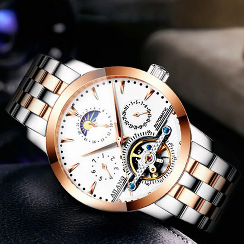 AILANG الأصلي الرجال جلد ساعة معصم الأصلي أعلى الفاخرة الفولاذ المقاوم للصدأ التلقائي الرياضية الأزياء ساعات آلية الرجال