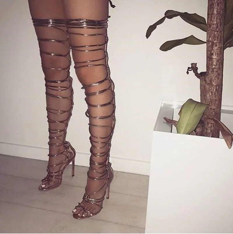 

Sexy Black Python Print Leather Women High Boot Peep Toe Cross Strap Hollow Gladiator Sandals Women Cut-out Over The Knee Boot