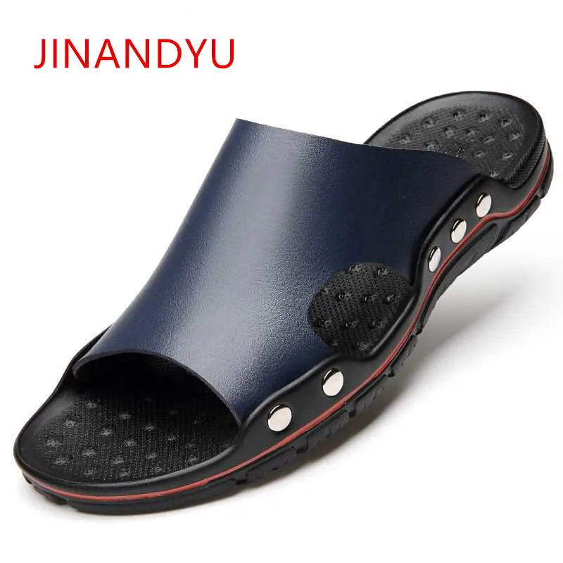 

Mens Slides Slippers Outdoor Men Leather Shoes Man Leather Beach Slippers for Men Casual Beach Breathable Slippers Plaj Terlik