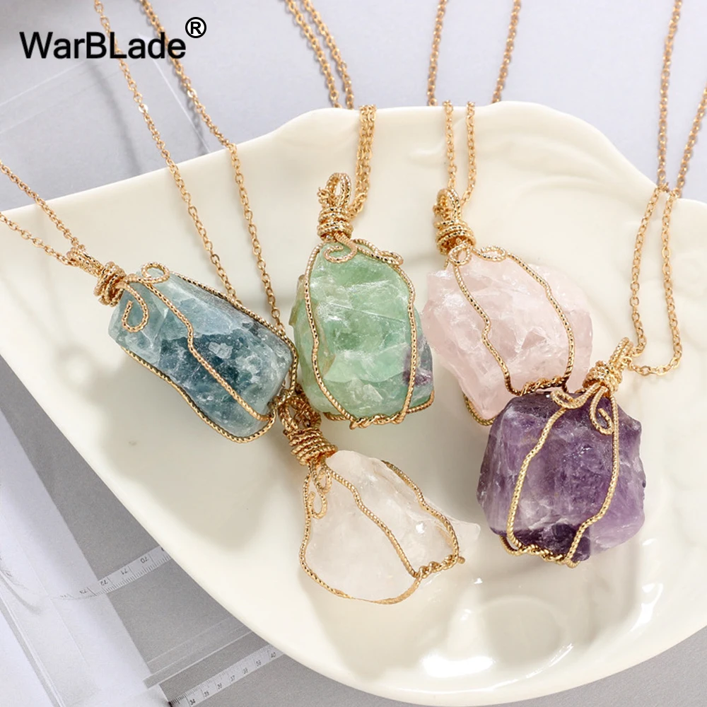 

WarBLade New Colorful Wire Wrapping Irregular Crystal Stone Necklaces Natural Stone Druzy Quartz Pendant Necklace For Women Gift