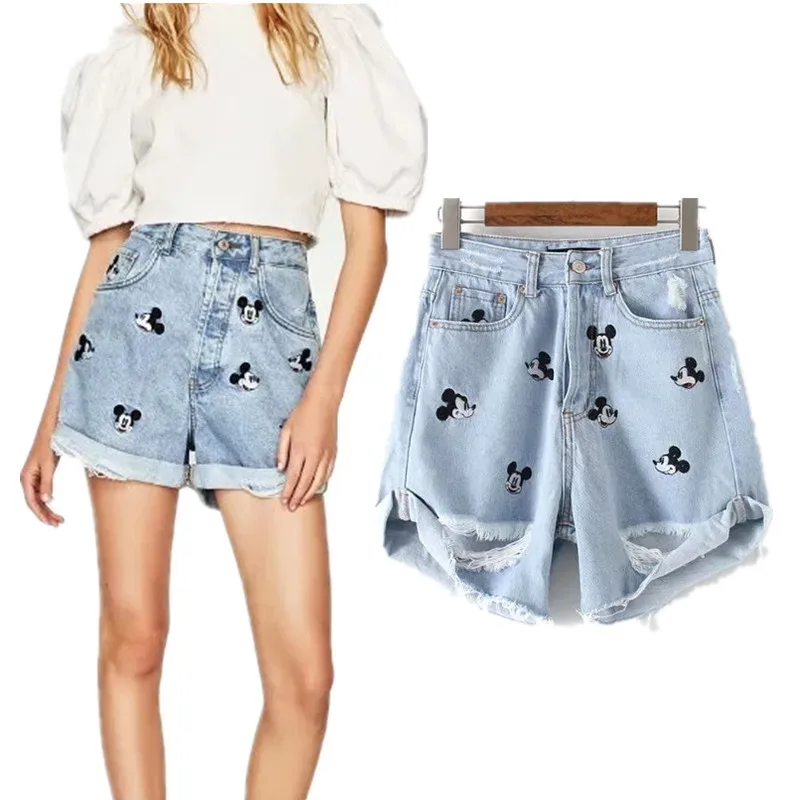 

Withered mom denim shorts women vintage mouse animal cartoon embroidery harem feminina high waist denim shorts women plus size