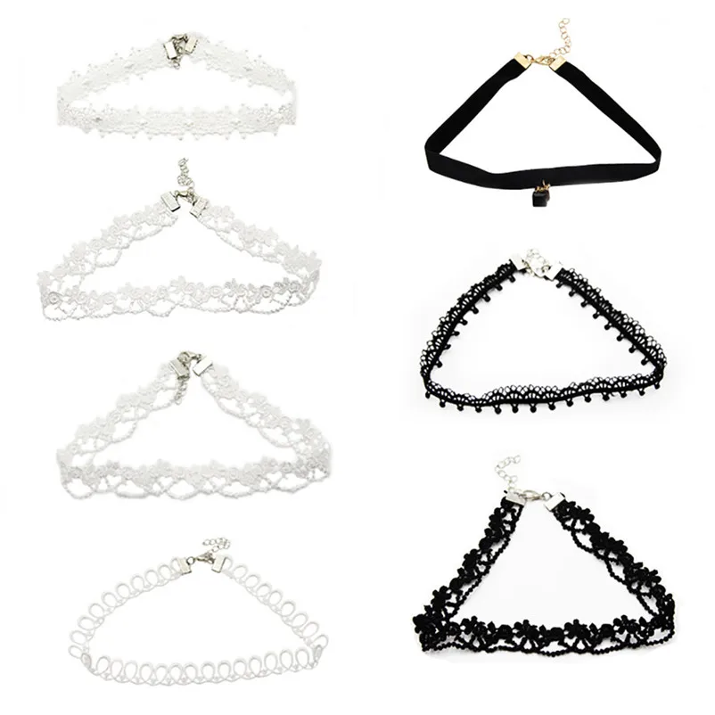 7 Pieces Trendy chokers necklaces Collar Set Stretch Velvet Classic Gothic Lace chain Party Jewelry Neck accessories A08#N (4)