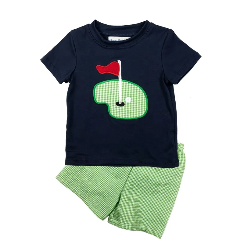 

Puresun Popular Boy Spring Summer Clothing Short Sleeve Boutique Children With Embroidery Boy Seersucker Shorts Outfit