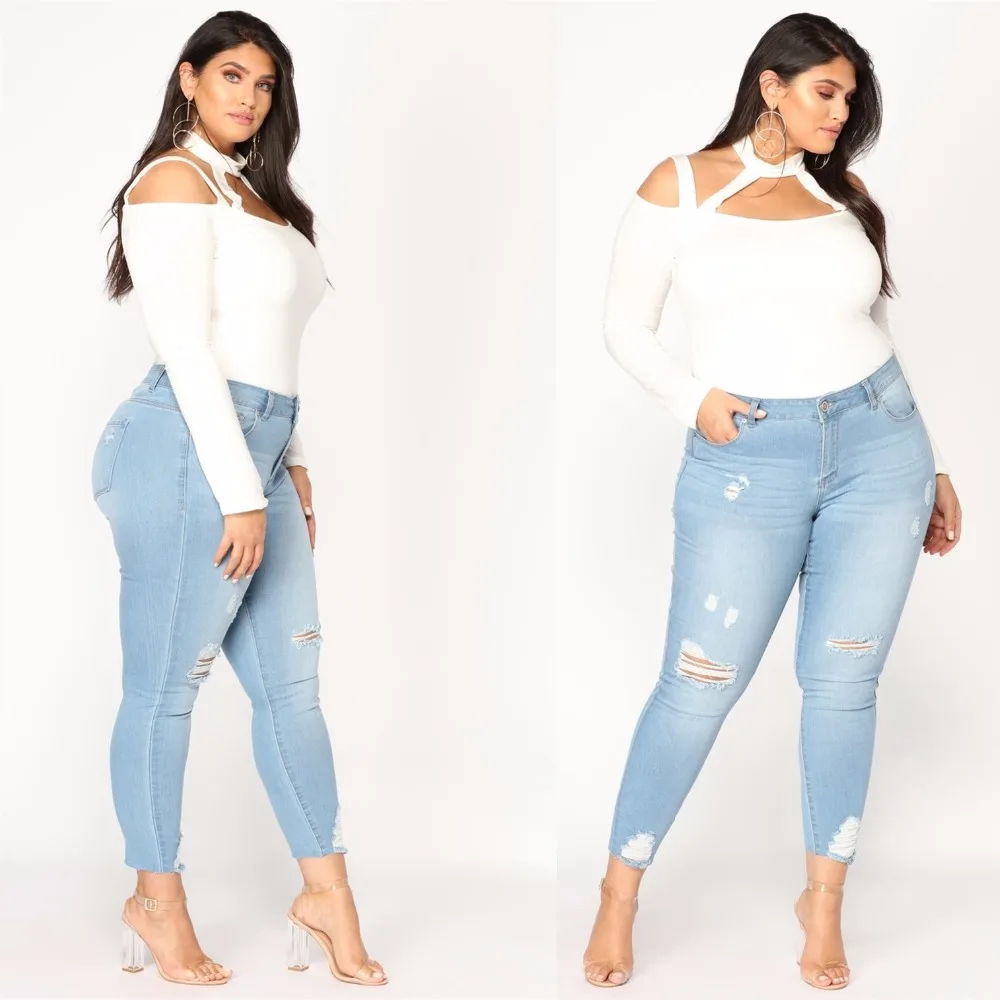 

New Spring Autumn oversized Women's Jeans High Elastic Hole Washed Feet fashion Super Large Size Jeans 2XL--7XL