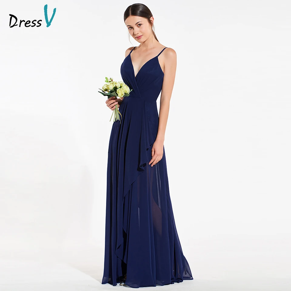 Dressv elegant light navy spaghetti straps a line bridesmaid dress