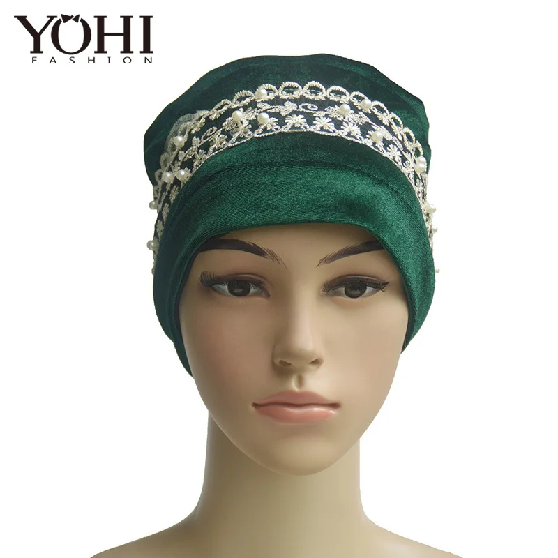 2018 New Fashion  velvet lace pearl head hat Baotou  Ladies Hat Church Cap Women Hijab turbante