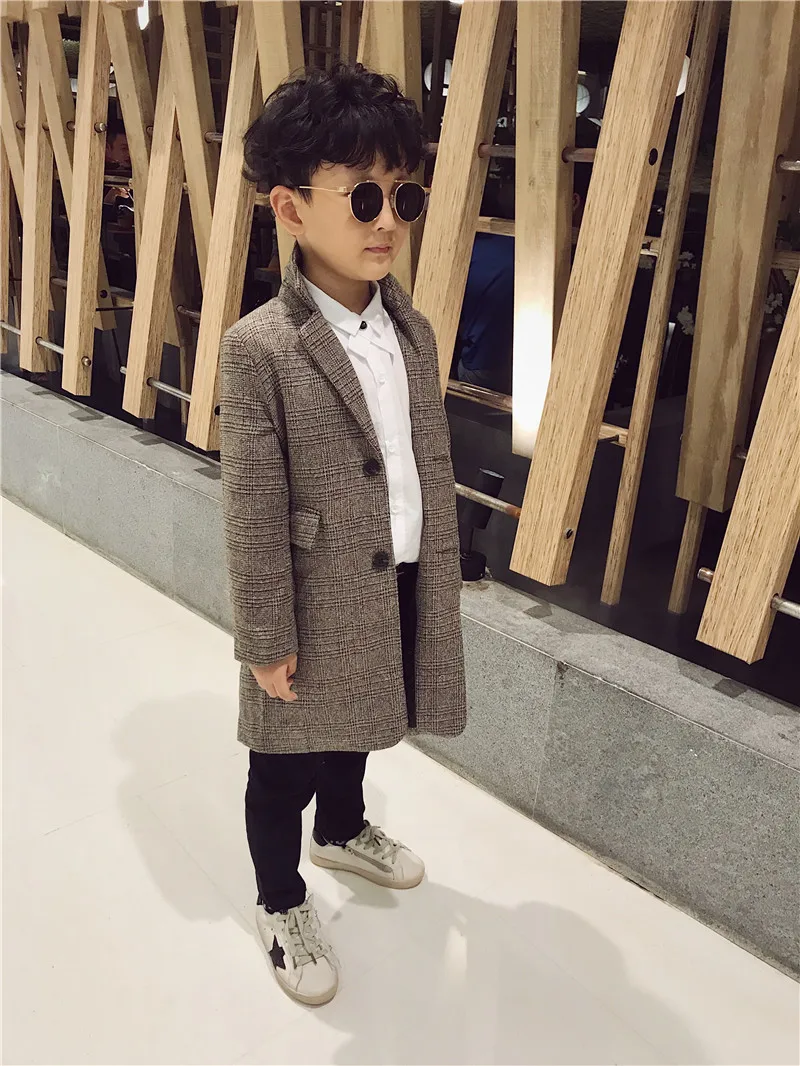 

Kids boys overcoat Winter new fashion Houndstooth wool coat for boys Teens autumn jacket warm long outerwear Children Windproof