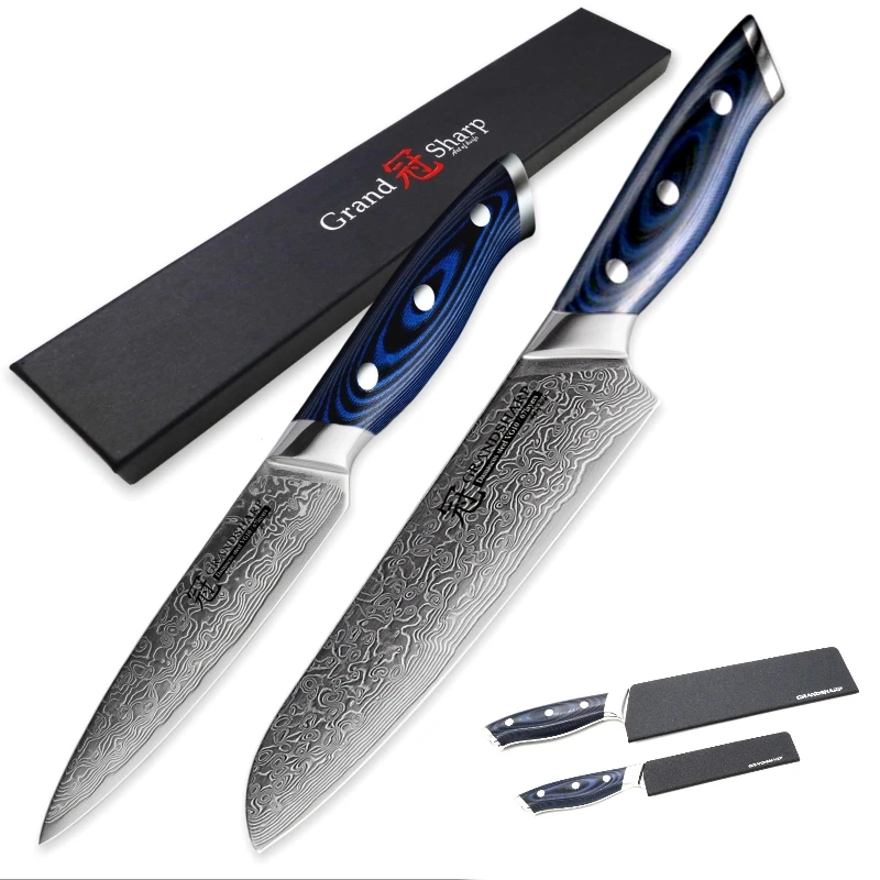  Damascus Knife Set 2 pcs Damascus Japanese Stainless Steel VG10 Santoku Utility Knives Cooking Kitc - 32815969269