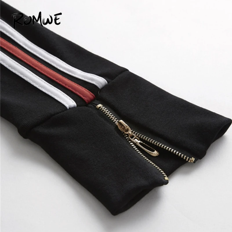 Romwe Sport Black Striped Tape Zip Women Fitness Running Tights 2018 Skinny Gym Outdoor Workout Jogging Yoga Pants Leggings