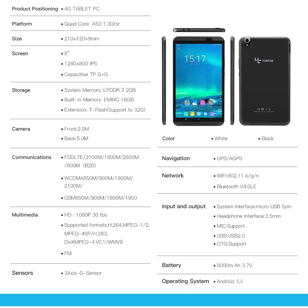 Yuntab 8 "Android 6,0 Tablet PC H8 Quad-Core 2 ГБ Оперативная память 16 ГБ Встроенная память 4G мобильный телефон с двойной камерой bluetooth 4,0 Поддержка sim-карты