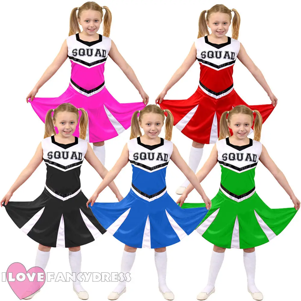 

KIDS GIRL CHEERLEADER COSTUME HIGH SCHOOL UNIFORM BLACK RED PINK GREEN BLUE CHEER LEADER OUTFIT SQUAD FANCY DRESS DANCE SHOW