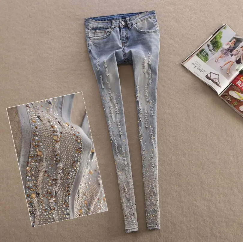 

New fashion women diamond drilled hole jeans woman pencil pants Ripped denim trousers with Rhinestone Denim Pants s1591