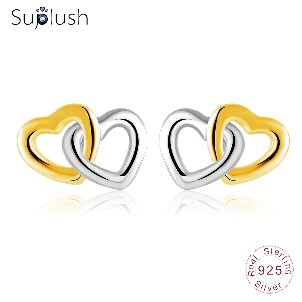 

Suplush Double Heart Shape Earrings Stud Authentic 925 Sterling Silver Romantic Lovers Fantastic Earrings Women Gift PSER0065-B