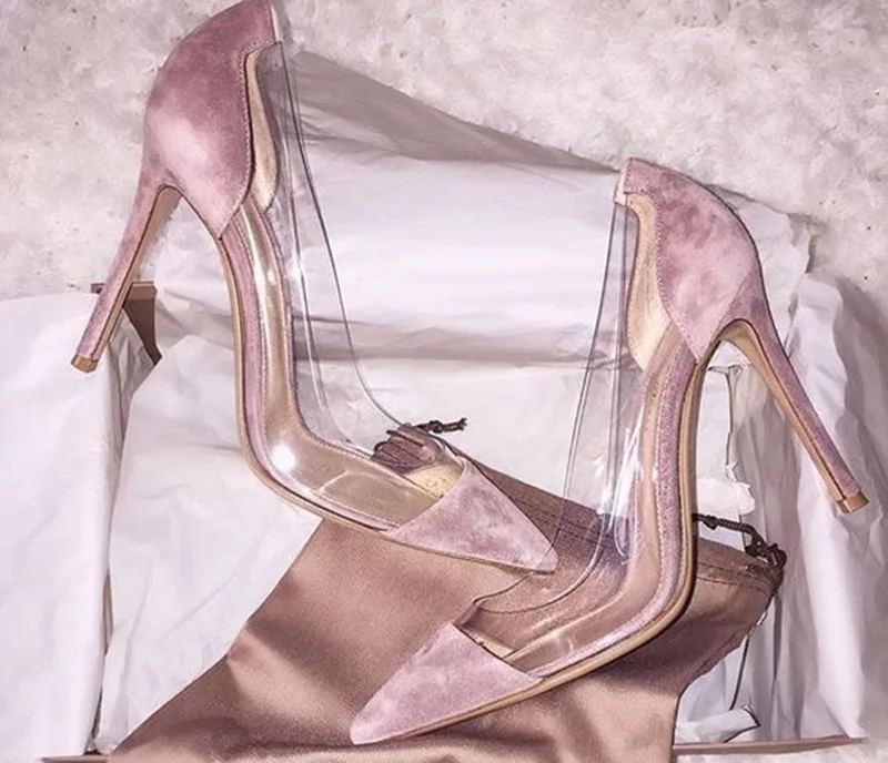 

Designer New Fashion Transparent PVC Pointed Toe Pumps Suede Leather Patch Work shoes 10CM High Heel Women Pumps Real Photo