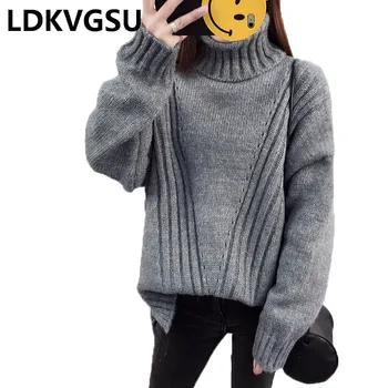 

Pullover Sweater Female Wild 2018 New Autumn Winter Solid Color High Collar Long Sleeve Thick Sweater Loose Large Size Is588