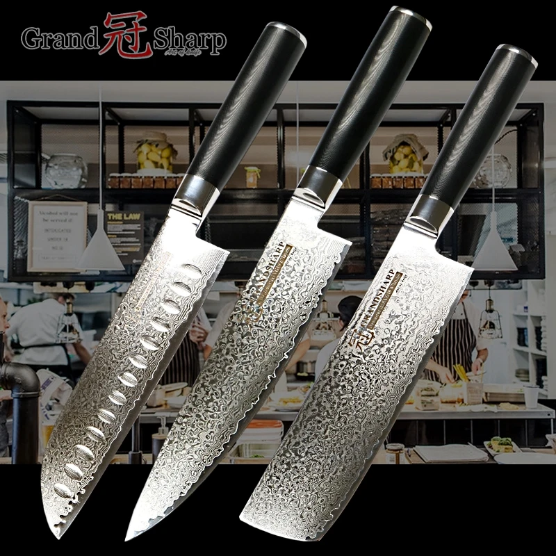 Knife Set 3 Pcs Chef Santoku Nakiri Japanese Damascus Kitchen Knives