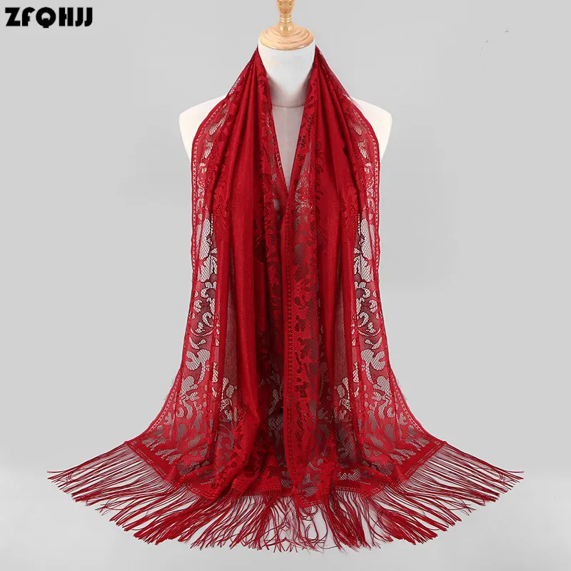 

ZFQHJJ Fashion Accessories Lace Scarf Hollow out Tassels Scarf Ivory White Veil Lace Scarves Shawl Pashmina Women Muslim Hijab